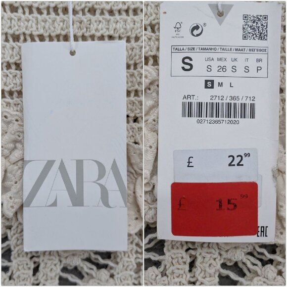 Zara Crochet Tank Top Womens Ecru Beige Cotton Ruffle Detail Sleeveless Size S - Picture 4 of 8